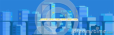 City landscape horizontal banner. Modern architecture, buildings, skyscrapers. Train crossing the light rail subway Vector Illustration