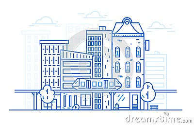 City Landscape Line art design concept for website background. Urban cityscape with town architecture. Linear style. Vector Illustration