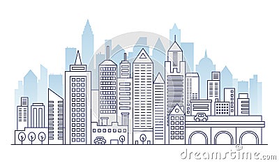 City landscape line panorama template with flat color high skyscrapers. Outline smart urban city vector illustration. Vector Illustration