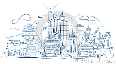 City landscape with modern buildings pencil sketch, hand drawn, doodle vector illustration Vector Illustration