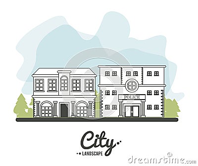 City landscape police building architecture town tree line Vector Illustration