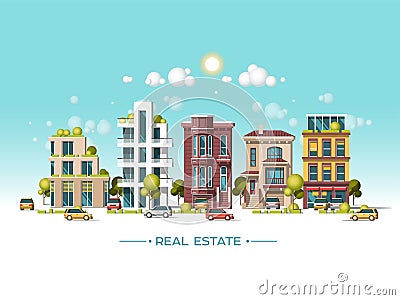 City landscape. Real estate and construction business concept. Flat vector illustration. 3d style. Vector Illustration
