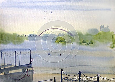 City landscape with a river, embankment and water transport, watercolor painting. Landscape of Novosibirsk, view from Stock Photo