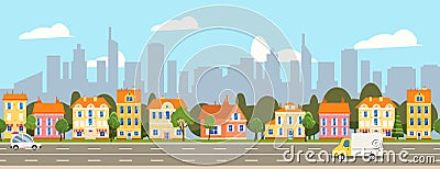 City landscape seamless horizontal illustration. Cityscape skyscrappers, suburban houses, downtown. Vector cartoon style Vector Illustration