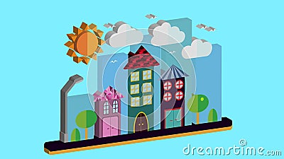 City landscape in three-dimensional flat style. The city with houses with sloping roof and various beautiful tiles with a lantern Vector Illustration