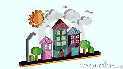City landscape in three-dimensional flat style. The city with houses with sloping roof and various beautiful tiles with a lantern Vector Illustration