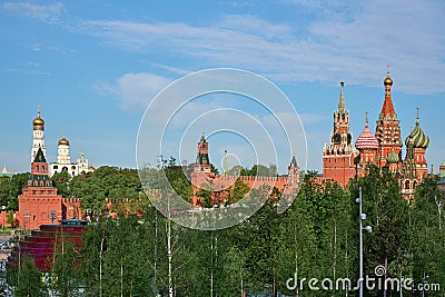 City landscape with view at Moscow Kremlin towers and St. Basil`s Cathedral Stock Photo