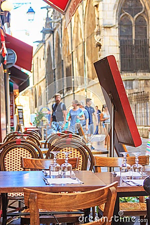 City landscape - view of the Parisian cafe on a hot summer day Editorial Stock Photo