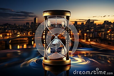 City life concept depicted by hourglass with morning cityscape background Stock Photo