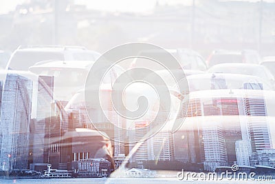 City life double exposure, traffic jam, cars on the road Editorial Stock Photo