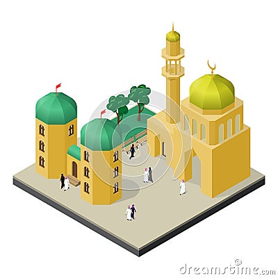 City life in isometric view. Mosque with minaret, urban building, trees, benches, men and women in muslim clothes Vector Illustration