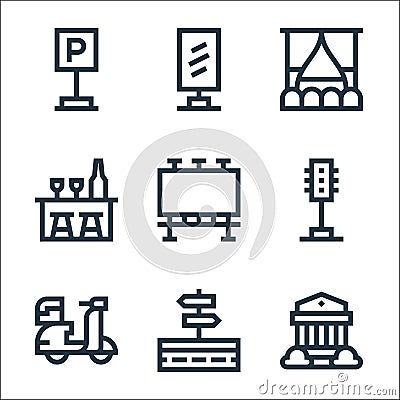 city life line icons. linear set. quality vector line set such as bank, directions, scooter, traffic lights, billboard, bar, movie Vector Illustration