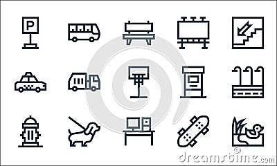 City life line icons. linear set. quality vector line set such as duck, office, fire hydrant, skateboard, pet, taxi, atm machine, Vector Illustration