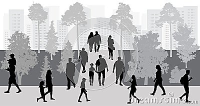 City life. People walking in park, silhouettes. Vector illustration Vector Illustration