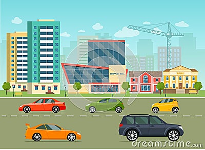 City life set with cars, road, buildings. City street panoramic. Cartoon Illustration