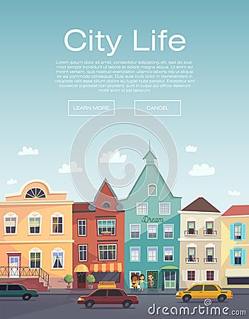 City Life. Urban walk. Flayer. City information service. City Banner. City street and road traffic. Road trip. Taxi service flayer Vector Illustration