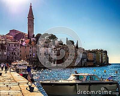 City life on the waterfront of Rovinj. Croatia. Editorial Stock Photo