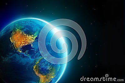 City lights america at night in planet earth with sun rising Stock Photo