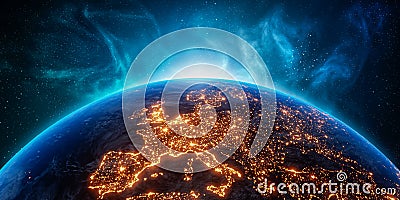 City lights Europe continent at night from outer space. 3D rendering illustration. Earth map texture provided by Nasa. Energy Cartoon Illustration