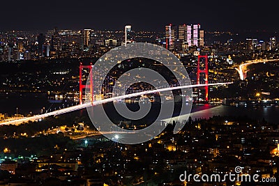 City light and night view above Istanbul, Turkey. Bosphorus brid Stock Photo
