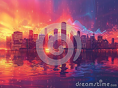 City lights reflecting off the water at night Stock Photo