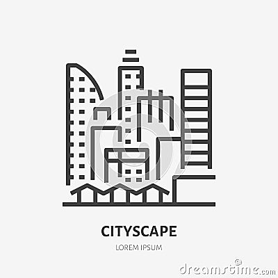 City line flat linear icon. Vector sign of urban cityscape, downtown buildings, skyscrapers outline logo Vector Illustration