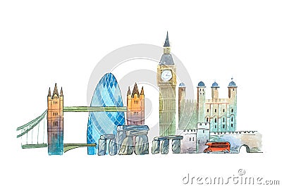 City of London Skyline famous landmarks travel and tourism waercolor illustration. Cartoon Illustration