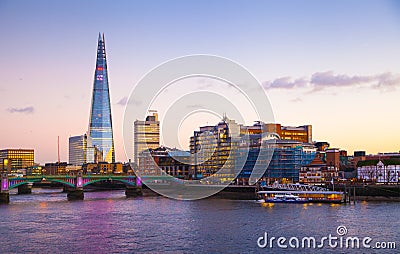 City of London at twilight, Shard, view from the river Thames Editorial Stock Photo