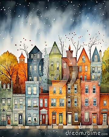 The city lot houses trees illustrated autumn night terraces Stock Photo