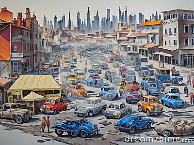 City, lots of cars, people, watercolor, impressionism. Stock Photo