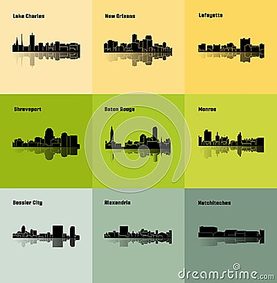 9 City in Louisiana ( Baton Rouge, Monroe, Shreveport, New Orleans, Lake Charles, Lafayette, Alexandria, Natchitoches ) Vector Illustration