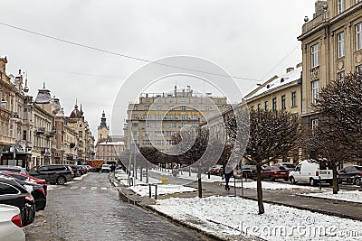 15.02.2021 City of Lviv Shevchenko Avenue. Streets and buildings in the old town in the direction of the Market Square. Lviv city Editorial Stock Photo