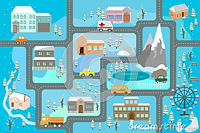 City map for children. Snowy city landscape, car track - play mat. Vector Illustration