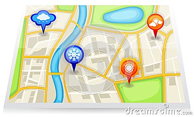 A city map with different weather forecast marker Vector Illustration
