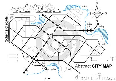 City map. Line scheme of roads. Town streets on the plan. Urban environment, architectural background. Vector Illustration