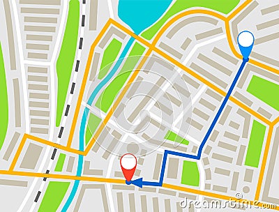 City map navigation route, color point markers design background, vector drawing schema, simple city plan GPS navigation, Stock Photo