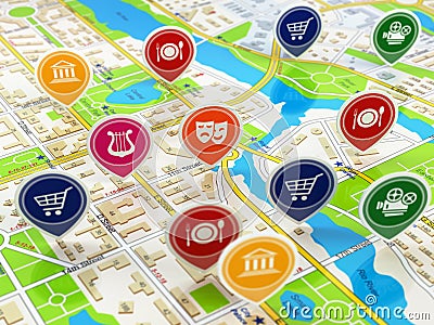 City map and pins with icons. Concept of navigation or gps. Cartoon Illustration