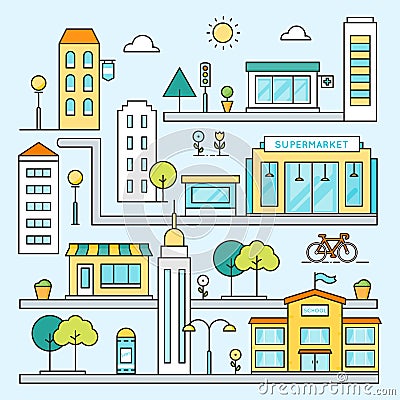 City Map with Streets, Buildings and Places Vector Outline Colored Illustration Vector Illustration