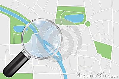 City map and Transparent Magnifying glass Vector Illustration