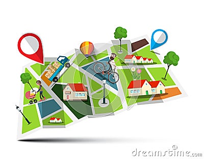 City Map. Vector Abstract Town with Pins Vector Illustration