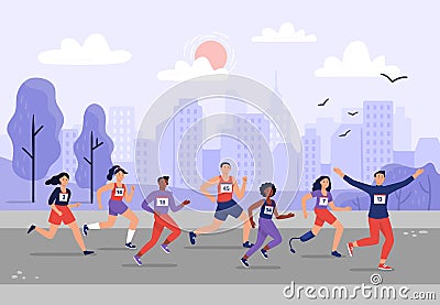 City marathon. People running together, athletic training and sport marathons runners vector illustration Vector Illustration