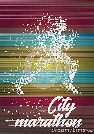 City marathon poster design concept with running woman particle divergent silhouette Vector Illustration