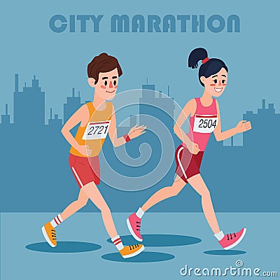 City Marathon Runners. Man and Woman Running Through the Town Vector Illustration