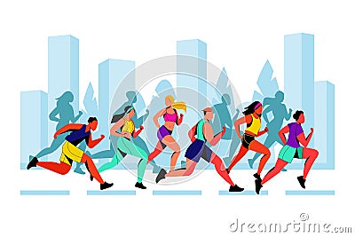 City marathon vector flat illustration. Running colorful people against city background. Outdoor sport concept Vector Illustration