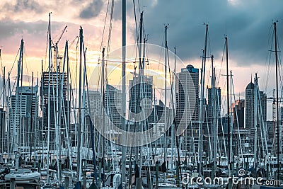 City marina skyline with yacht masts on the foreground Editorial Stock Photo