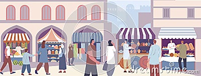 City market scene, asian or arab street marketplace. Oriental mood, vendors at counters and citizens. Shopping on Cartoon Illustration
