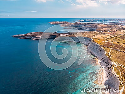 City Marsaskala Malta summer harbour water mediterranean sea blue. Aerial top view Stock Photo