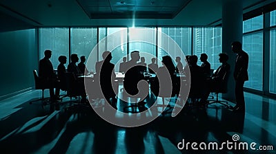 City meeting of minds, Silhouette business people in blue-themed seminar Stock Photo
