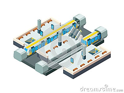 City metro station. Urban subway tunnel with railway train vector isometric low poly station background Vector Illustration