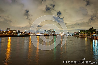 City of Miami Florida, sunset panorama with business and residential buildings and bridge on Biscayne Bay. Skyline night Editorial Stock Photo